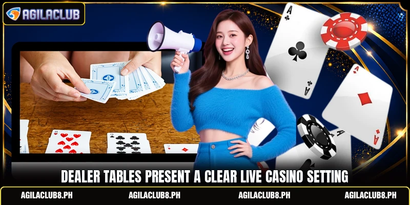 Dealer tables present a clear live casino setting Dealer tables present a clear live casino setting